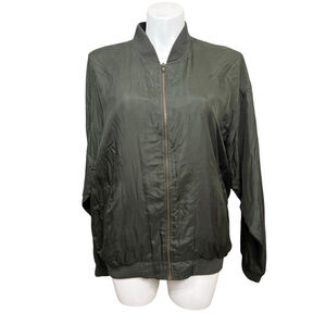 Vintage Imprints 100% Silk Bomber Jacket Olive Green Zip Front Size XL